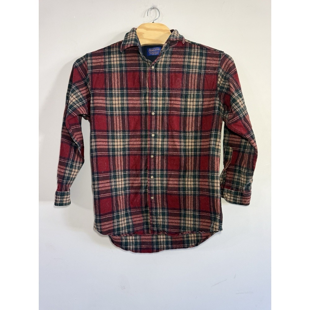 Vintage Pendleton Shirt Red Brown Plaid 100% Virgin Wool Made in USA L XL